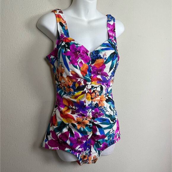 Maxine of Hollywood One Piece Swimsuit Size 14 Ruched Modest Retro Colorful - Picture 5 of 9